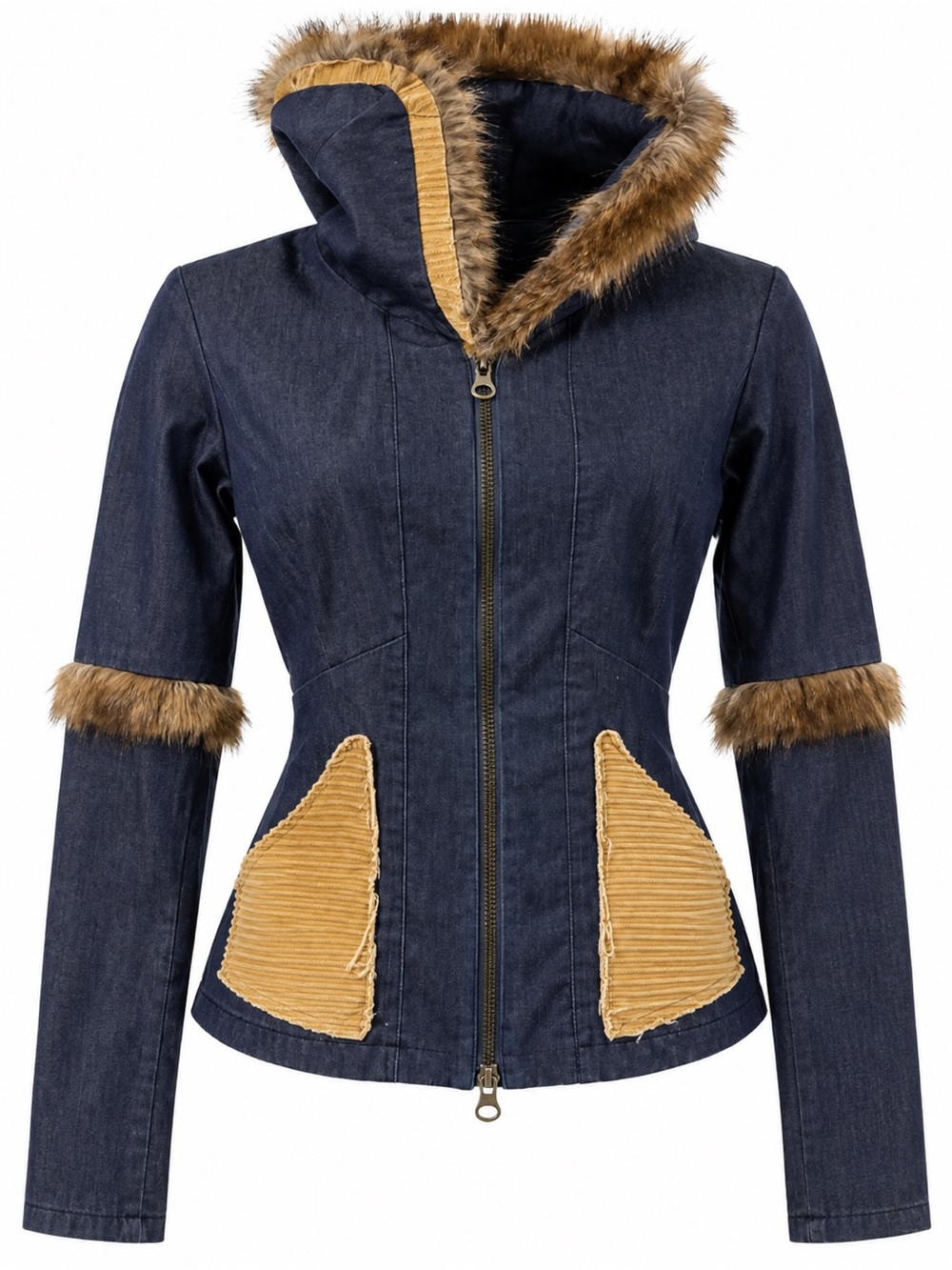 Myco Anna Y2K Denim Hooded Jacket Faux Fur Trim Fairy Grunge Festival Coat